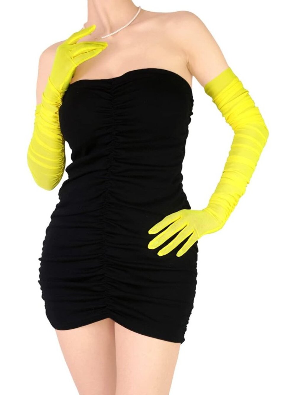 Women Yellow Ruched Sheer Mesh Tulle Extra Long Halloween Christmas Opera Gloves